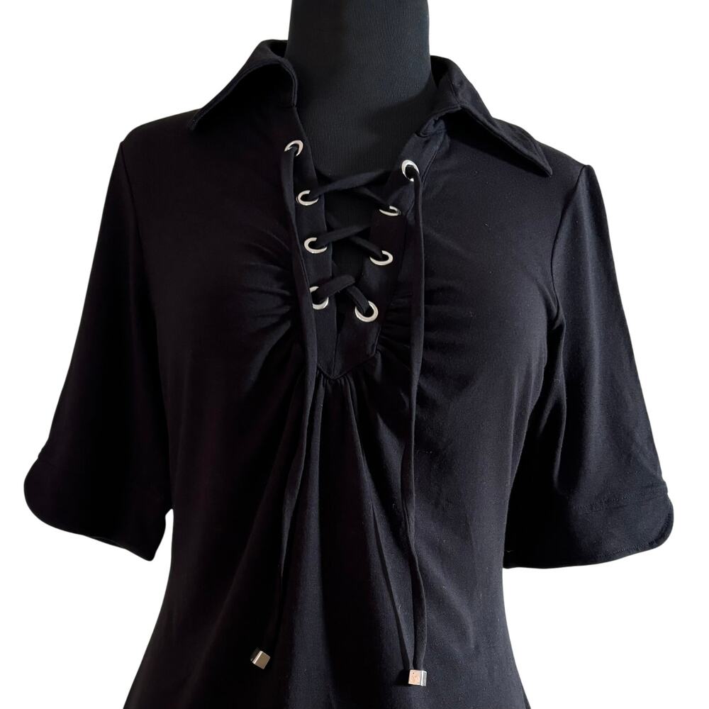 Cache Black Lace Up Front Ruched Bust Stretch Top New Rayon Spandex $88 NWT